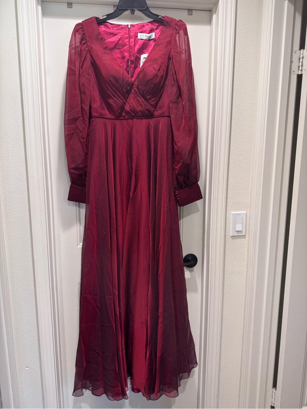 Mac Duggal Wine Red V-Neck Long Sleeve Maxi Dress